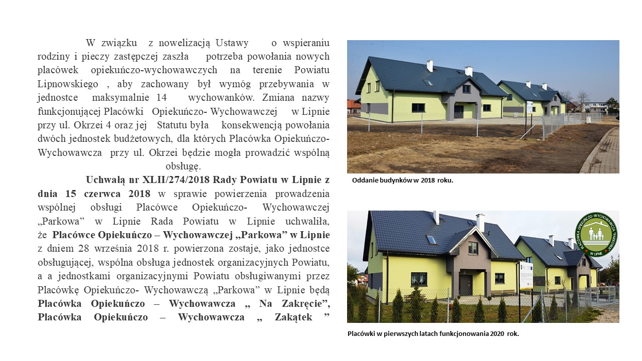 Na obrazku widoczne są domki z tekstem opisującym historię ich powstania